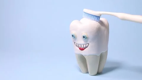 Cheerful Tooth Brushing. A smiling tooth model being brushed Stock Footage 306226346