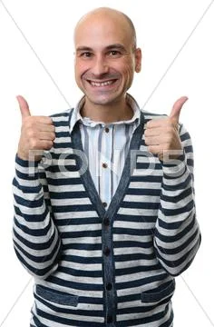 Cheerful trendy bald guy gesture his thumbs up Stock Photos