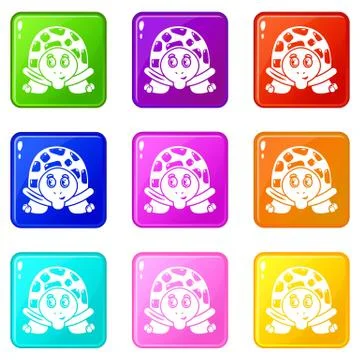 Cheerful turtle icons set 9 color collection Illustrazione stock