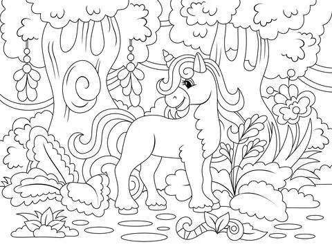 Cheerful unicorn in the magical forest. Vector illustration, children coloring Stock Illustration