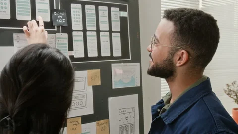 Cheerful UX Developer Presenting Various Wireframes to Project Manager Stock Footage 327904924