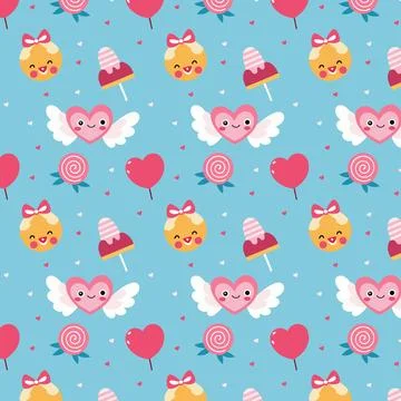 Cheerful Valentine Pattern with Smiling Faces, Hearts, and Sweet Treats Stock Illustration