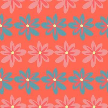 Cheerful vector floral repeat seamless pattern in pink, blue and coral pink Stock Illustration