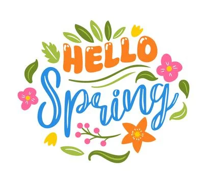 Cheerful vector illustration of Hello Spring lettering, decorated with bloomi Stock Illustration