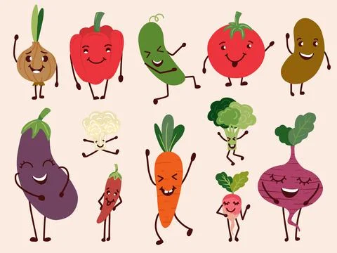 Cheerful vegetable characters. Set of happy and funny vegetables. Vector Stock Illustration