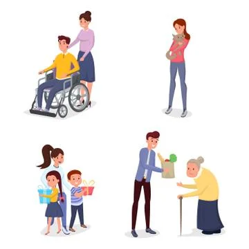 Cheerful volunteers flat vector characters set Stock Illustration