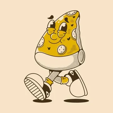 Cheerful Walking Pizza Slice Character in Retro Style Stock Illustration