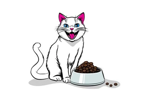 Cheerful white cat eagerly awaiting mealtime Stock Illustration