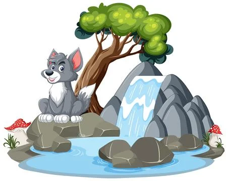 Cheerful Wolf by the Waterfall Oasis 스톡 일러스트