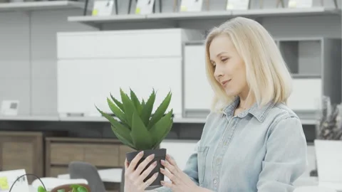 Cheerful woman beaming at the camera while holding a vibrant potted aloe in a Stock Footage 311922534