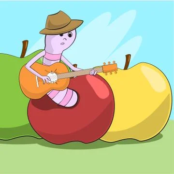 Cheerful worm crawled out of the apple and plays guitar. Vector Stock Illustration