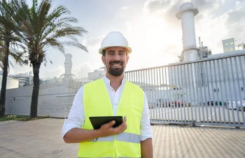 Cheerful young engineer man looking at camera, holding a digital tablet while Stock Photos