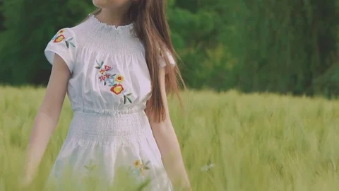 Cheerful young girl in embroidery dress posing at camera in the wheat field Stock Footage