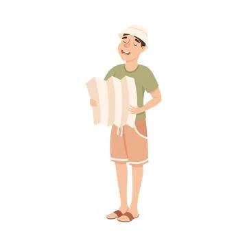 Cheerful Young Man with Map Looking for Route, Tourist Guy with Camera Illustrazione stock