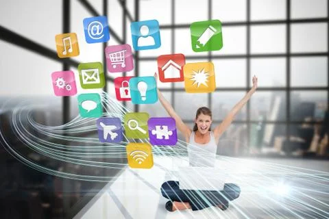 Cheering blonde using laptop with app icons 스톡 일러스트
