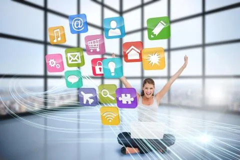 Cheering blonde using laptop with app icons Stock Illustration