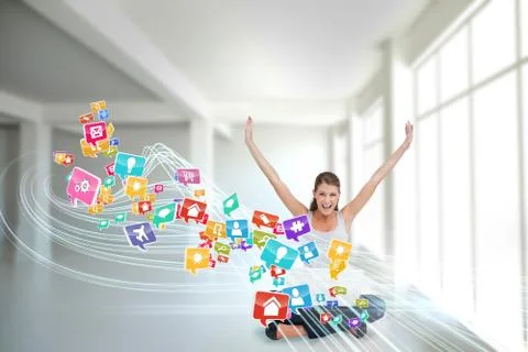 Cheering blonde using laptop with app icons 스톡 일러스트