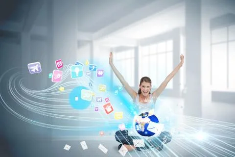 Cheering blonde using laptop with app icons Stock Illustration
