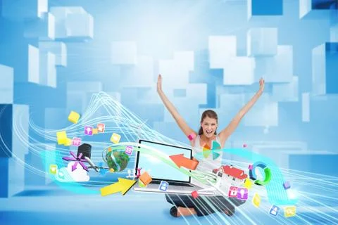 Cheering blonde using laptop with app icons Stock Illustration
