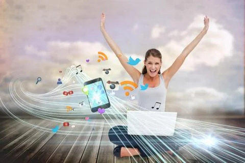 Cheering blonde using laptop with app icons Stock Illustration