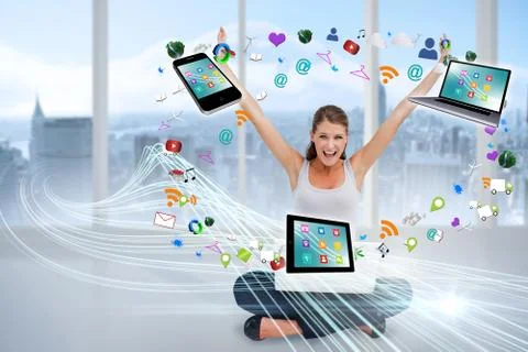 Cheering blonde using laptop with app icons Stock Illustration