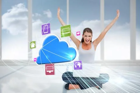 Cheering blonde using laptop with app icons and cloud Stock Illustration