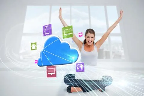 Cheering blonde using laptop with app icons and cloud Stock Illustration