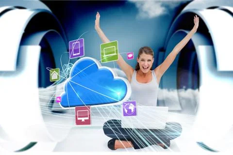 Cheering blonde using laptop with app icons and cloud 스톡 일러스트