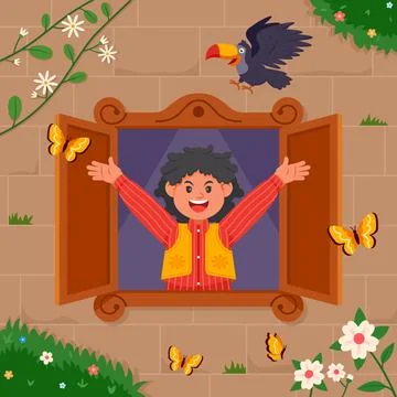 Cheering Boy Open Up Window Stock Illustration