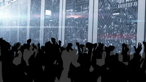 Cheering crowd in front of digital animation display with circuit board design Stock Footage 305058397