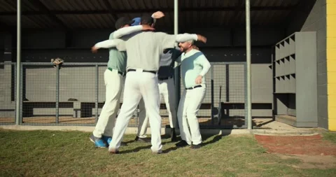 Cheering Diverse baseball team after big play in dugout, exiting gate and Stock Footage 341851493