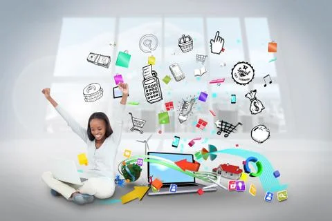 Cheering girl using laptop with app icons Illustrazione stock