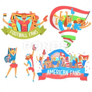 Cheering Happy Crowds Of National Sport Team Fans And Devotees With Banners And Stock Illustration
