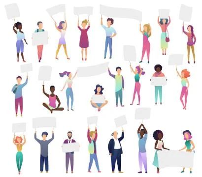 Cheering protesting people crowd holding banners set isolated. Illustrazione stock