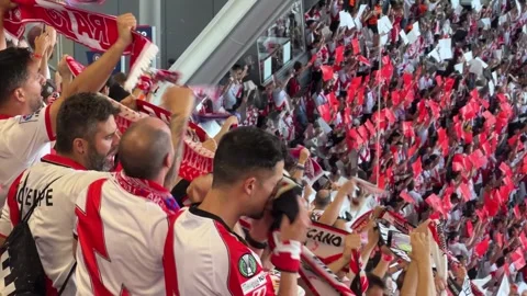 Cheering Rayo Vallecano Fans Waving Scarves in Packed Stands at Football Stadium Vídeo Stock 336720430