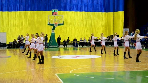 Cheerleader group dancing, F4 Final Basketball championship in Kiev, Ukraine. 스톡 동영상 47971064
