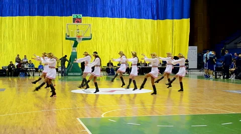 Cheerleader group dancing, F4 Final Basketball championship in Kiev, Ukraine. 스톡 동영상 47971083