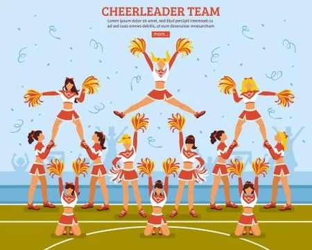 Cheerleader Team Stadium Flat Poster Stock Illustration