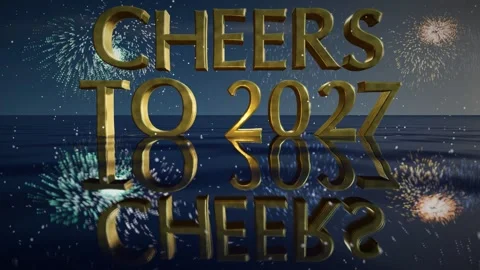 Cheers To 2027 Gold 3D Text Rising From Reflective Water With Fireworks Seam Stock Footage 342802773