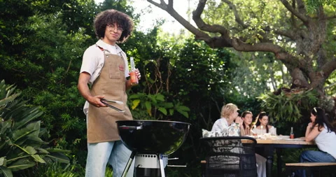 Cheers, bbq and beer with face of man in party for cooking, celebration and Stock Footage 321824460