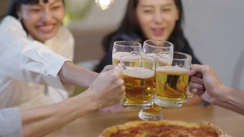 Cheers beer after finish work enjoy post covid party TGIF good time. Stock Footage 159496191