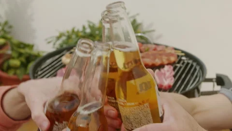 Cheers beer lager glass bottle, People, leisure, friendship and celebration Stock Footage 270548853