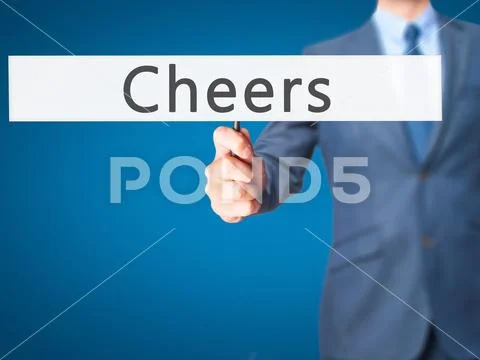 Cheers - Businessman hand holding sign Stock Photos