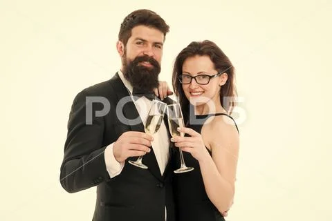 Cheers concept. Couple classy clothes drink champagne white background. Man Stock Photos