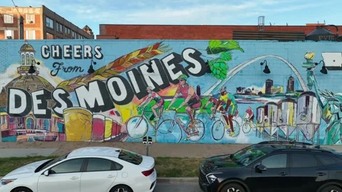 Cheers from Des Moines mural in downtown. Aerial establishing shot of city Stock Footage 252185824