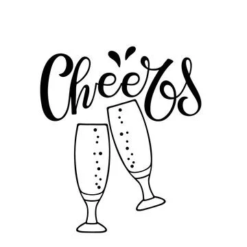 Cheers text with two glasses of alcohol. Vector Handwritten calligraphy sign Stock Illustration