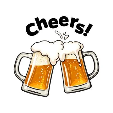 Cheers text. Two toasting beer mugs. Clinking glass tankards full of beer and イラスト素材