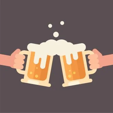 Cheers, two hands holding beer mugs flat illustration Stock Illustration
