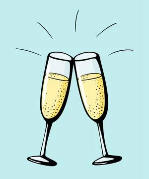 Cheers vector illustration of two champagne glasses couple in a doodle style Ilustração Stock