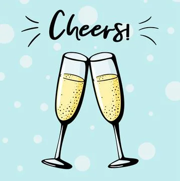 Cheers vector illustration of two champagne glasses couple in a doodle style Ilustração Stock